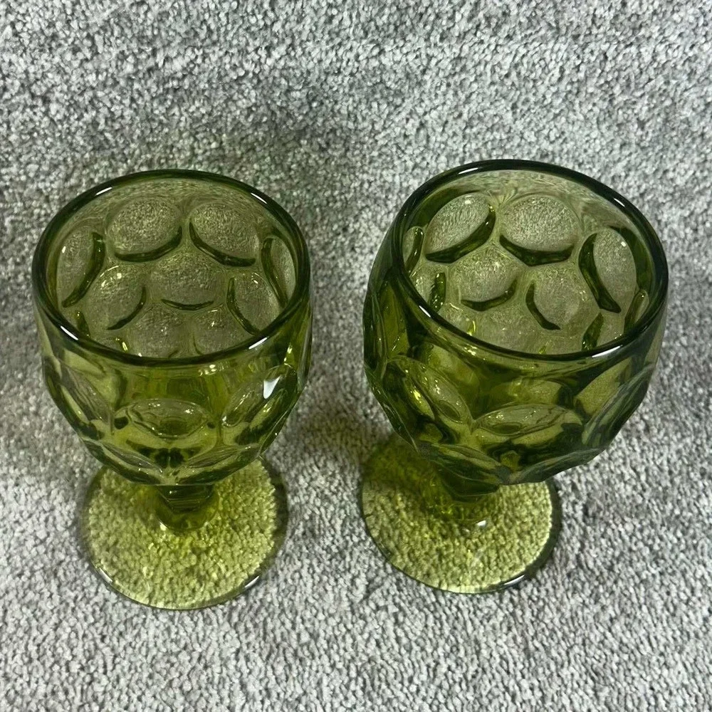 Vintage Imperial Glass Provincial Avocado Green Thumbprint Water Goblets